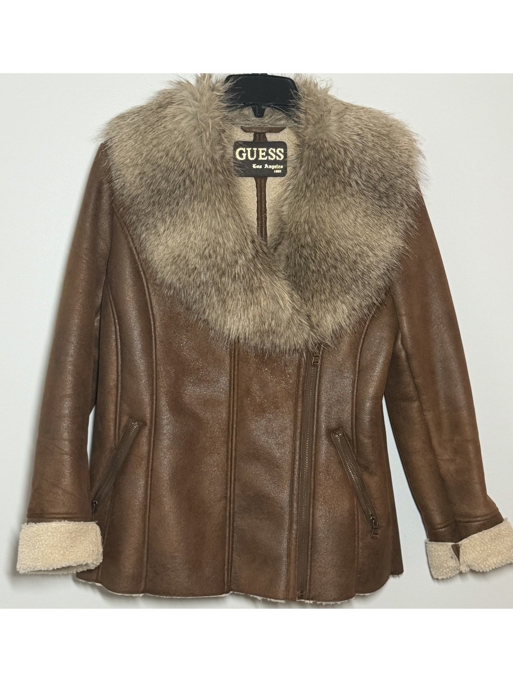 GUESS Brown Faux Shearling Jacket Faux Fur Collar Women’s Medium Y2K